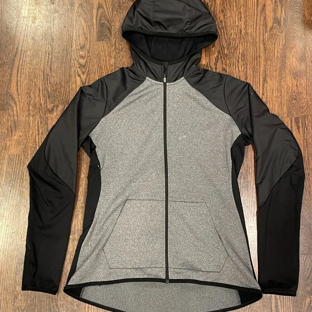 Nike Dri-FIT Hooded Full Zip Jacket Gray Black Woven Overlay Thumbholes Size L